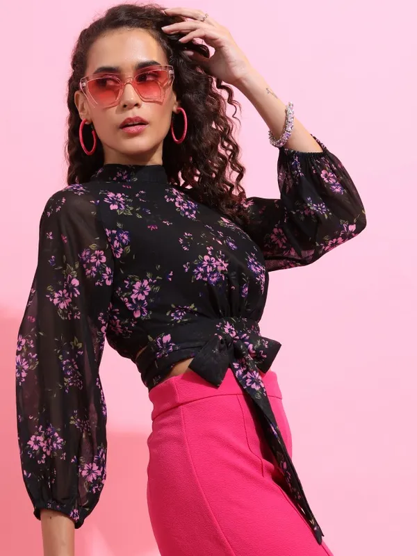  Ketch Women Black Printed Regular Tops