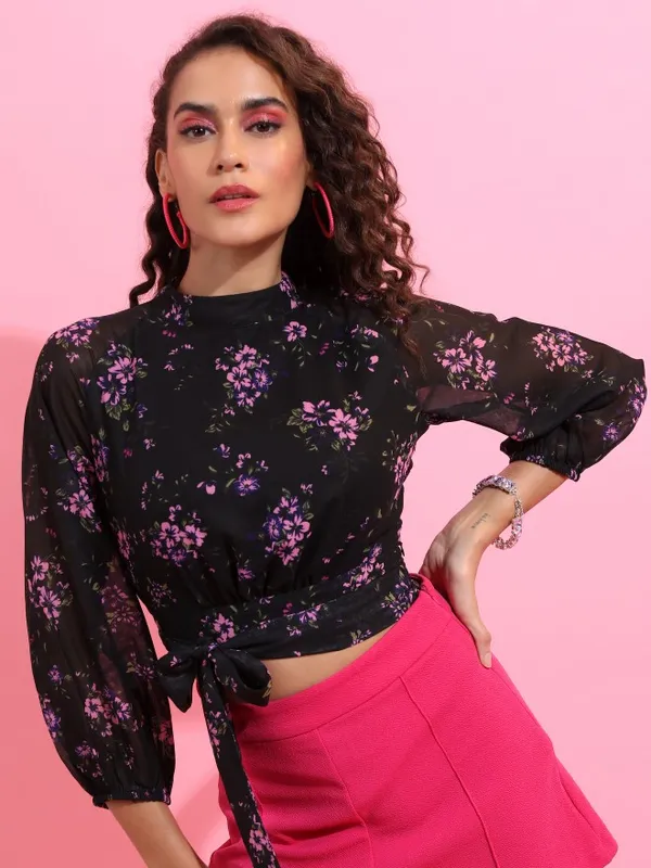  Ketch Women Black Printed Regular Tops