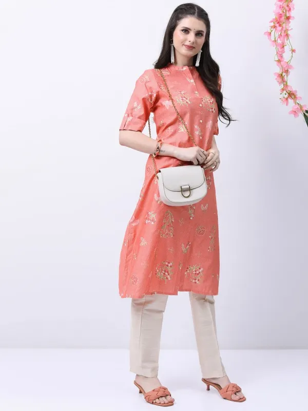  Ketch Women Peach Printed Straight Kurtas