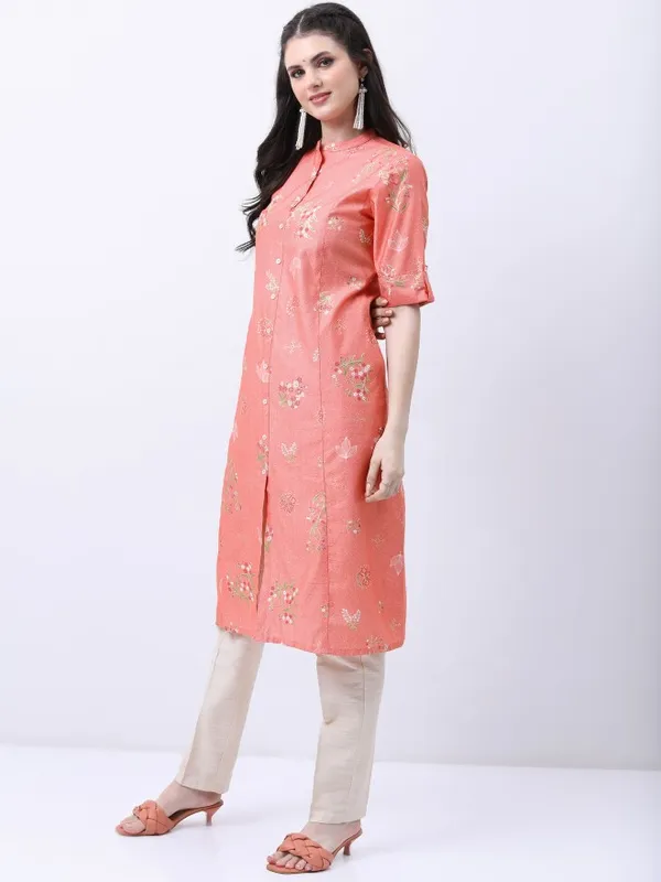  Ketch Women Peach Printed Straight Kurtas