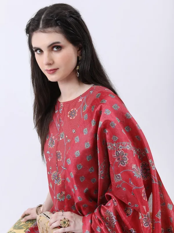 Vishudh Women Red Printed Kurta With Palazzo And Dupatta