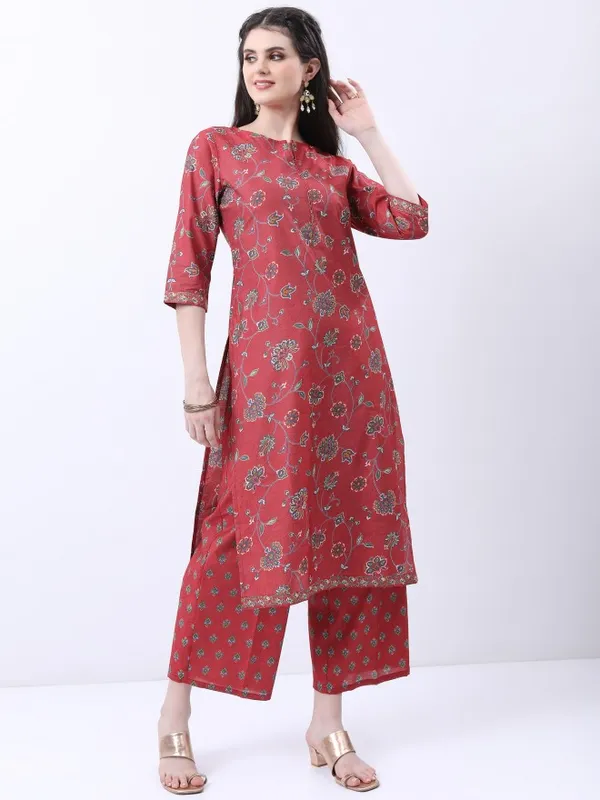 Vishudh Women Red Printed Kurta With Palazzo And Dupatta