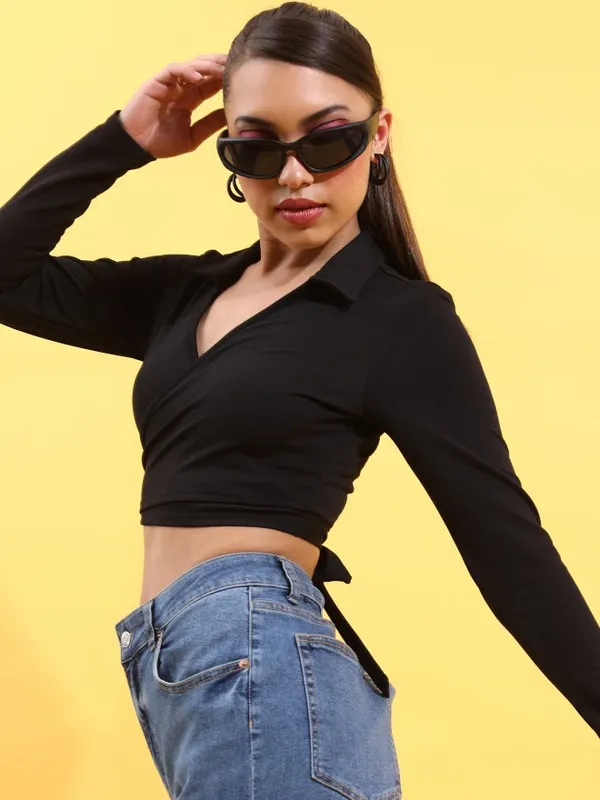 Tokyo Talkies Women Black Solid Wrap Top