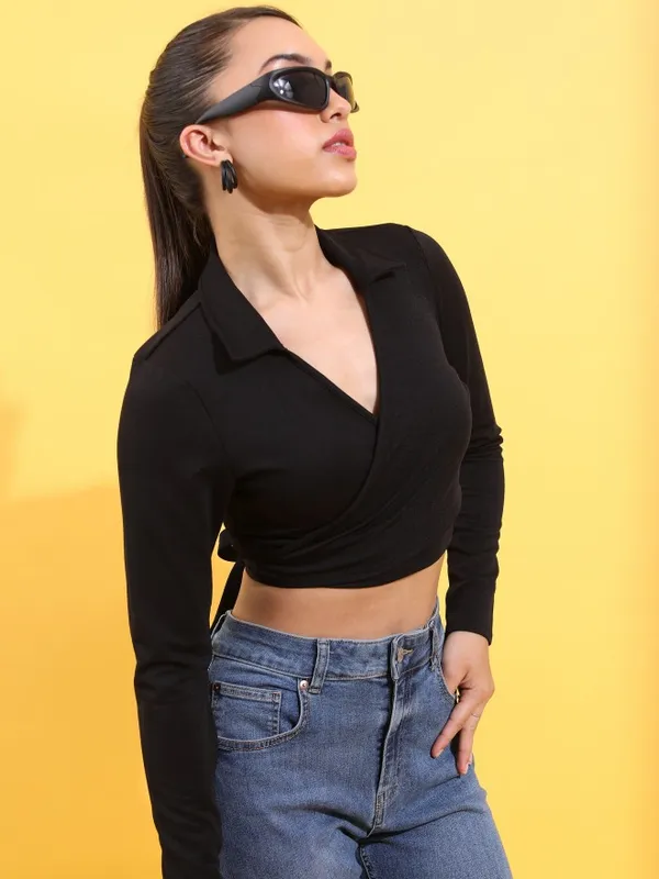 Tokyo Talkies Women Black Solid Wrap Top