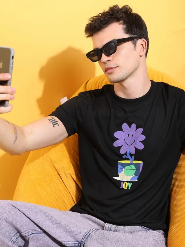  Ketch Men Black Printed Round Neck T-Shirts