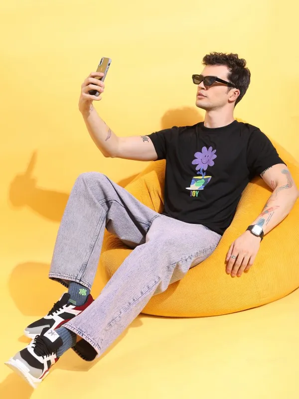  Ketch Men Black Printed Round Neck T-Shirts