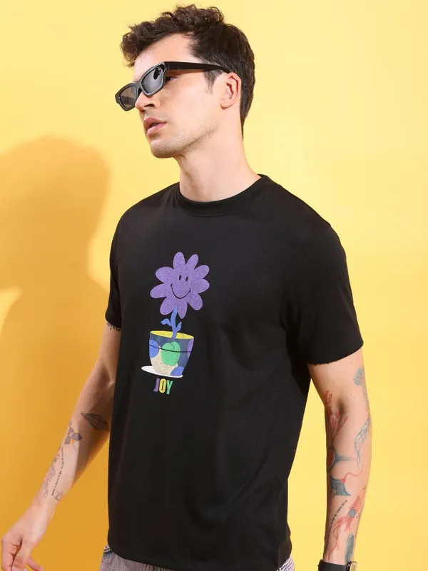  Ketch Men Black Printed Round Neck T-Shirts