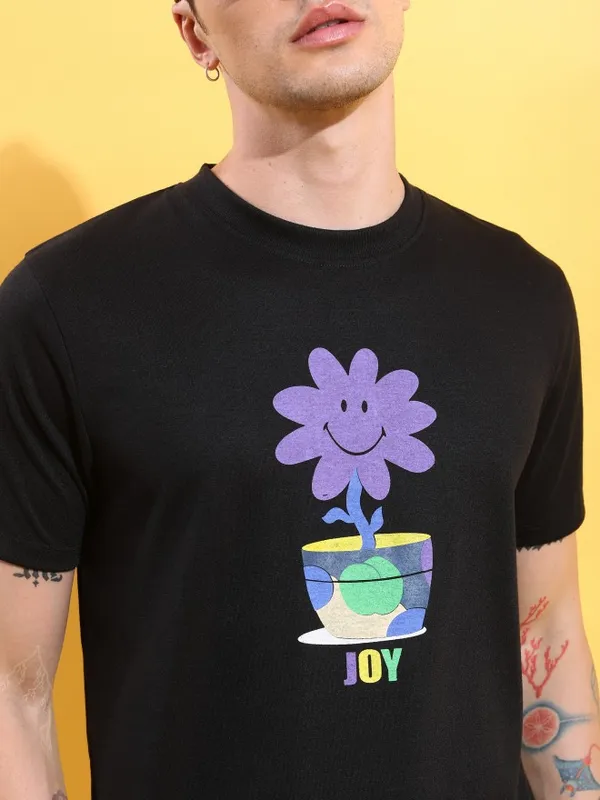  Ketch Men Black Printed Round Neck T-Shirts