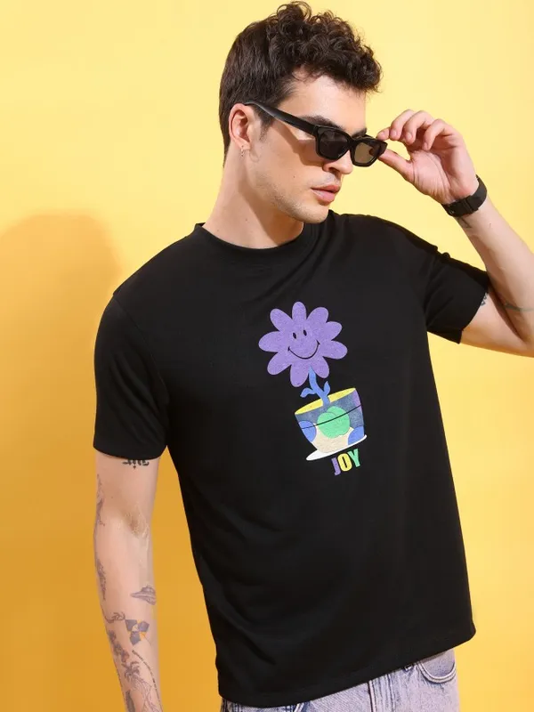  Ketch Men Black Printed Round Neck T-Shirts