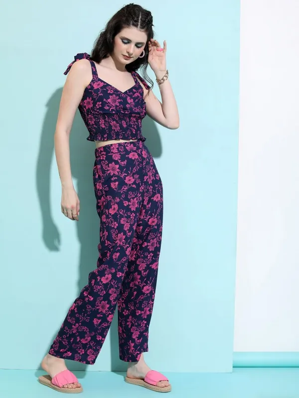 Tokyo Talkies Women Navy Top With Trouser Co-Ords