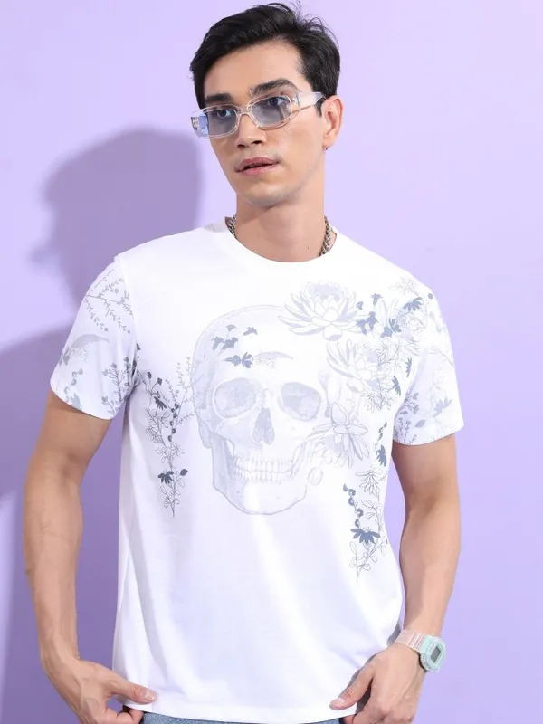  Ketch Men White Printed Round Neck T-Shirts