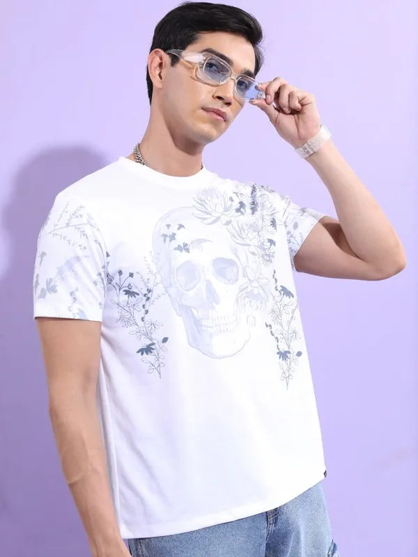  Ketch Men White Printed Round Neck T-Shirts