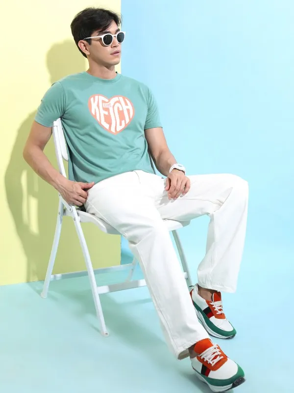  Ketch Men Sage Printed Round Neck T-Shirts