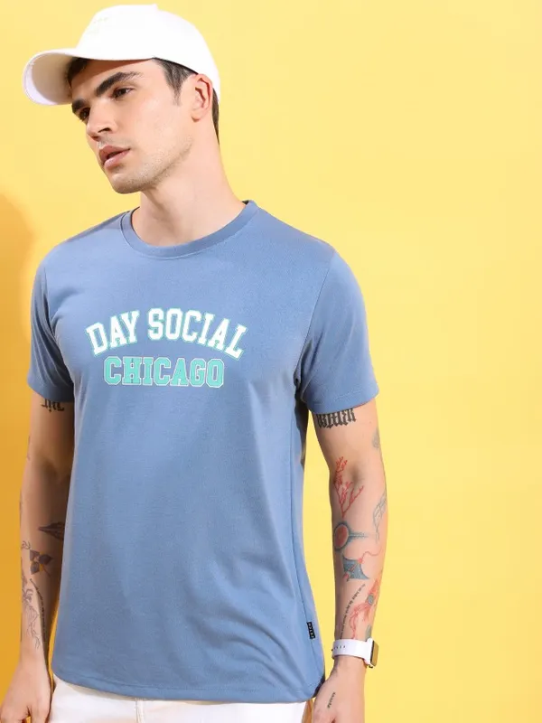  Ketch Men Blue Printed Round Neck T-Shirts