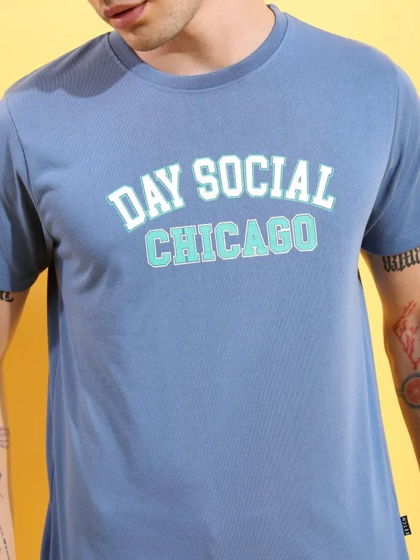  Ketch Men Blue Printed Round Neck T-Shirts