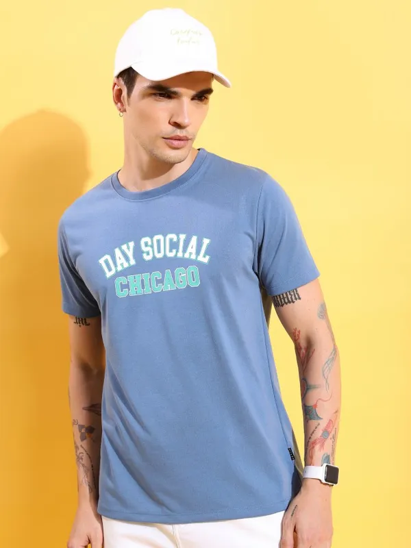  Ketch Men Blue Printed Round Neck T-Shirts
