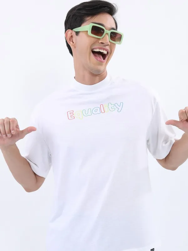 Ketch Men White Printed Oversized Round Neck T-Shirt