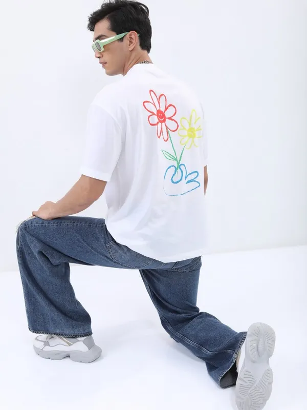 Ketch Men White Printed Oversized Round Neck T-Shirt
