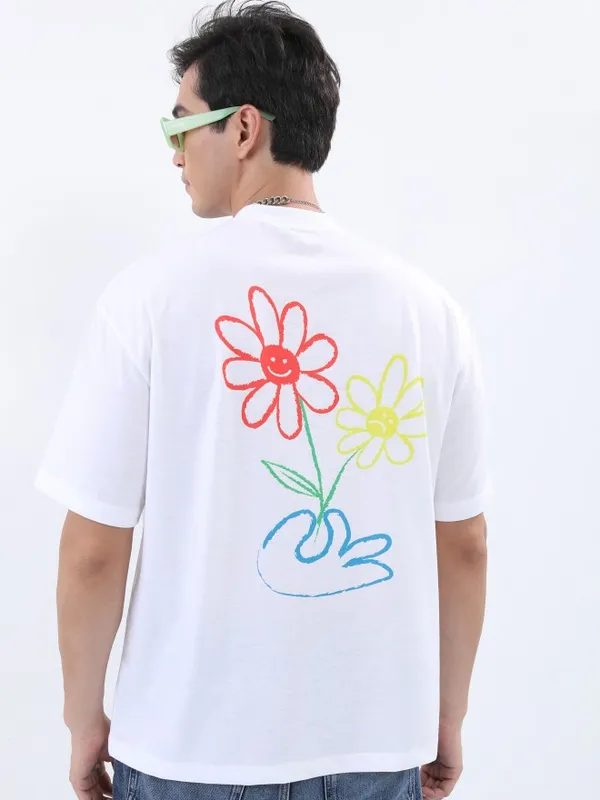 Ketch Men White Printed Oversized Round Neck T-Shirt