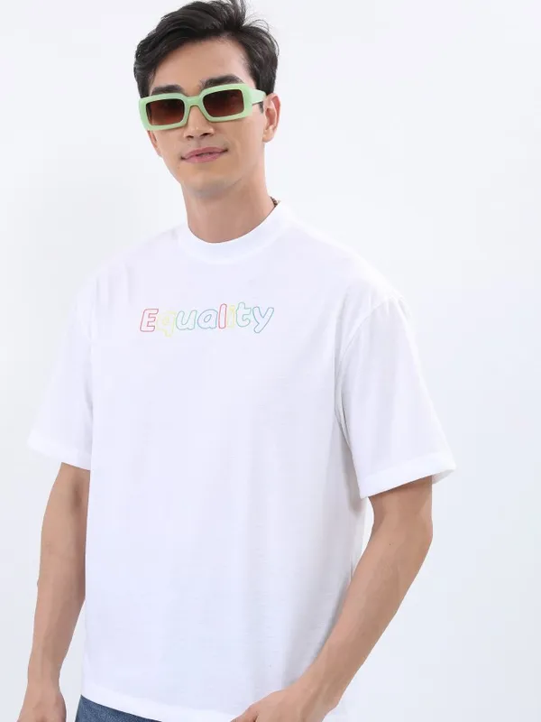 Ketch Men White Printed Oversized Round Neck T-Shirt