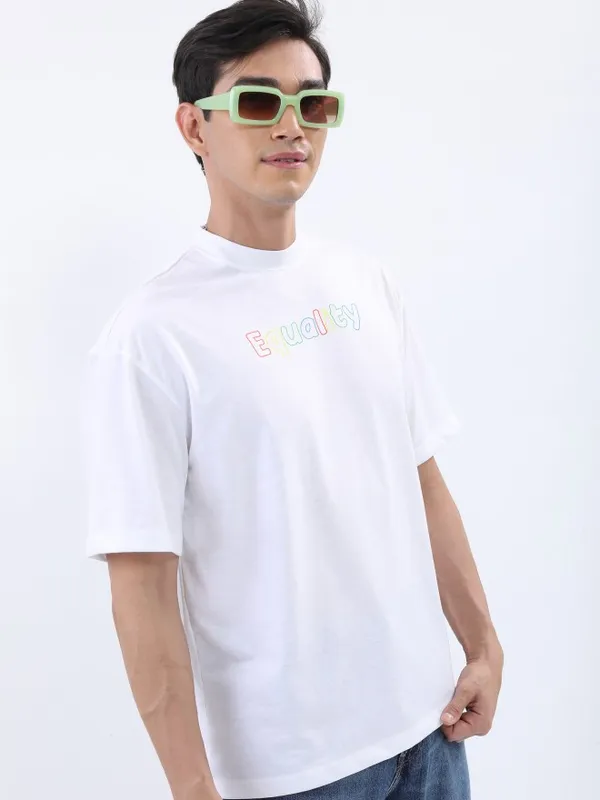 Ketch Men White Printed Oversized Round Neck T-Shirt
