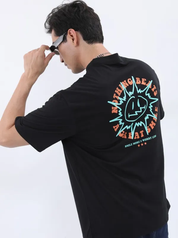 Ketch Men Black Printed Oversized Round Neck T-Shirt