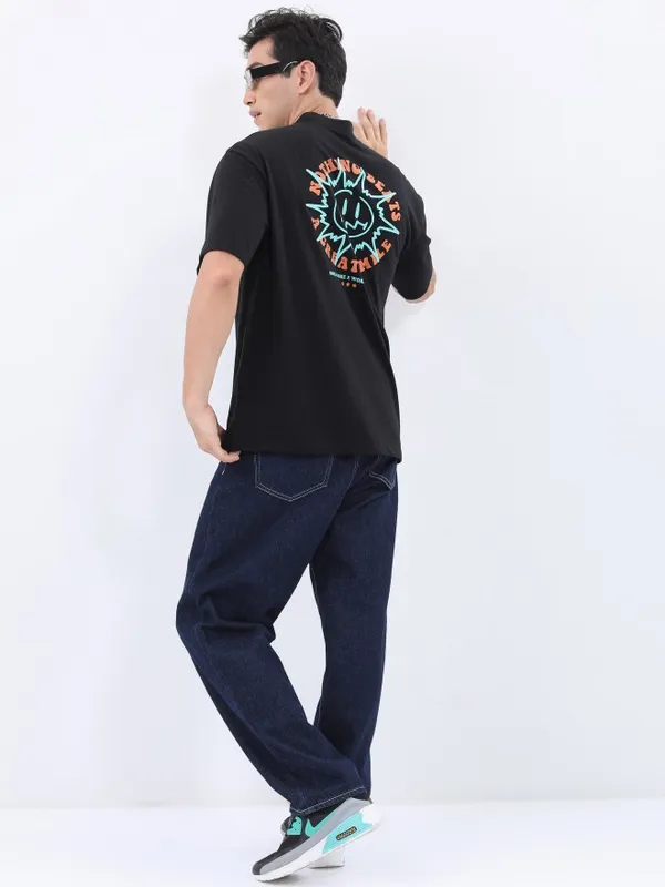 Ketch Men Black Printed Oversized Round Neck T-Shirt