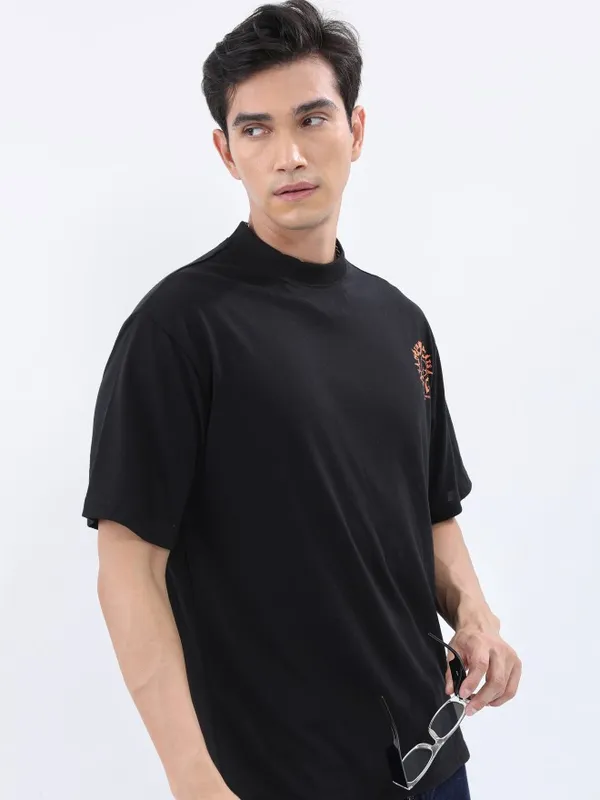 Ketch Men Black Printed Oversized Round Neck T-Shirt