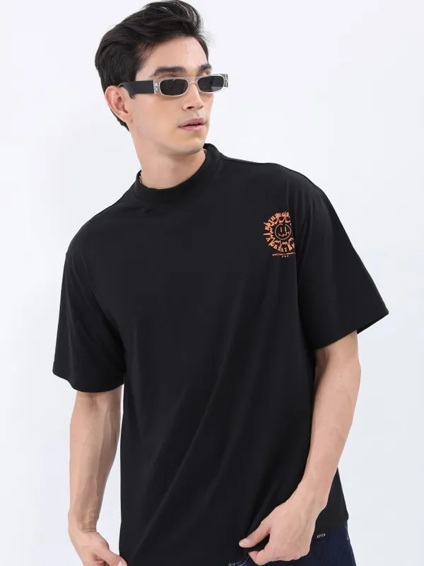 Ketch Men Black Printed Oversized Round Neck T-Shirt