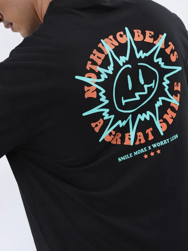 Ketch Men Black Printed Oversized Round Neck T-Shirt