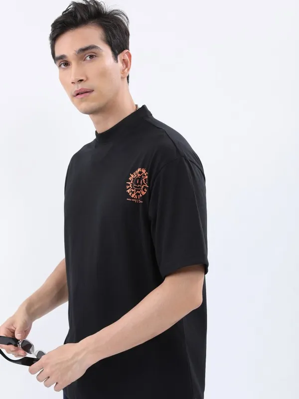 Ketch Men Black Printed Oversized Round Neck T-Shirt