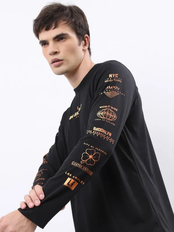  Ketch Men Black Printed Round Neck T-Shirts
