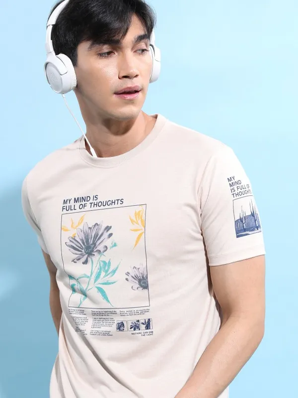  Highlander Men Cream Printed Round Neck T-Shirts