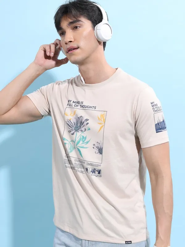  Highlander Men Cream Printed Round Neck T-Shirts