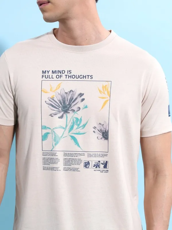  Highlander Men Cream Printed Round Neck T-Shirts