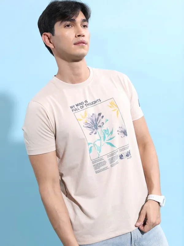  Highlander Men Cream Printed Round Neck T-Shirts