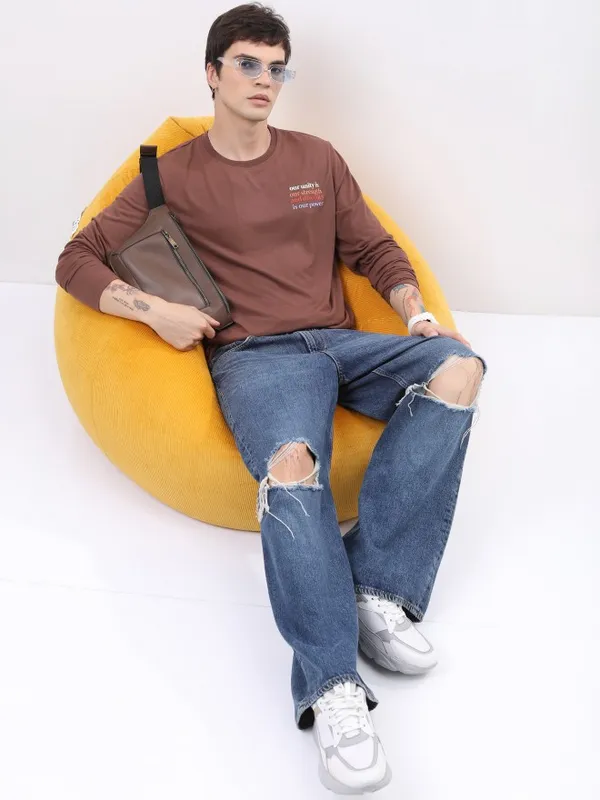  Highlander Men Brown Printed Round Neck T-Shirts