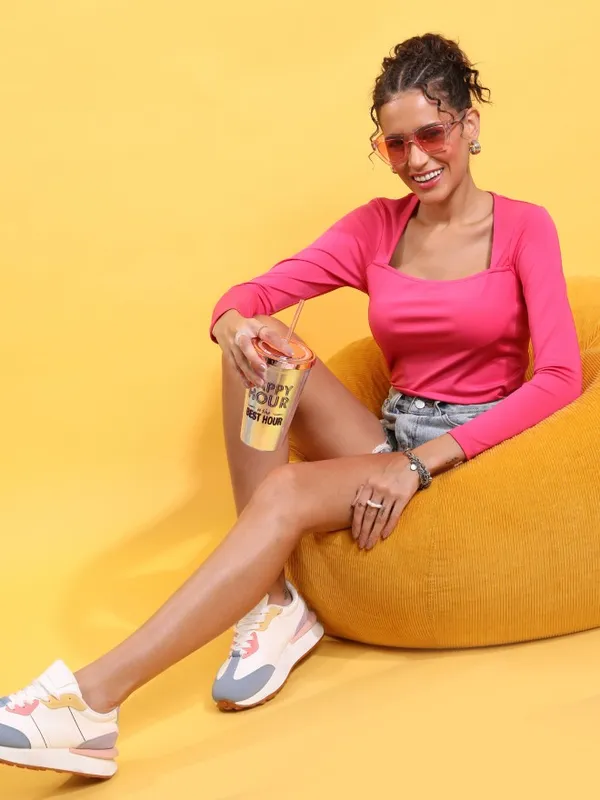  Ketch Women Pink Solid Fitted Tops