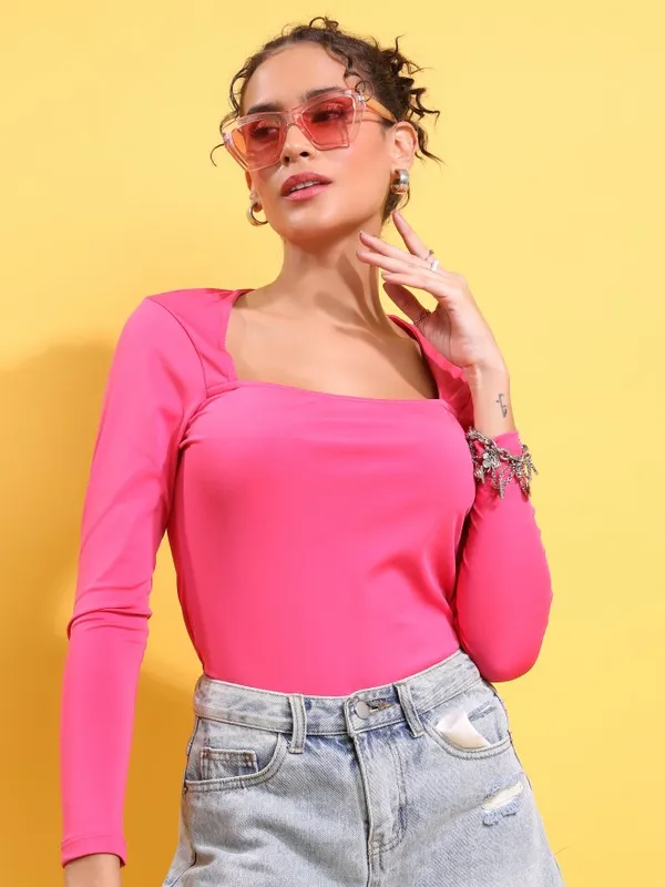  Ketch Women Pink Solid Fitted Tops