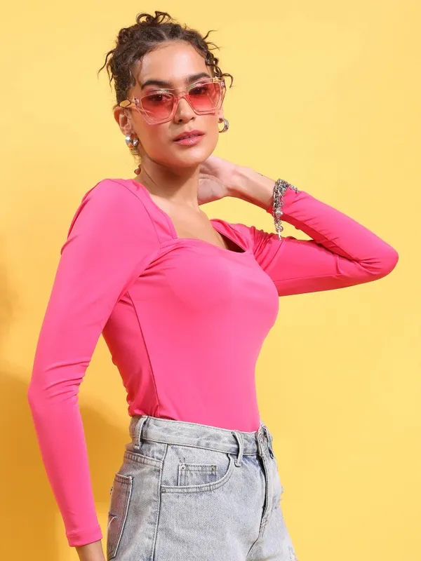  Ketch Women Pink Solid Fitted Tops