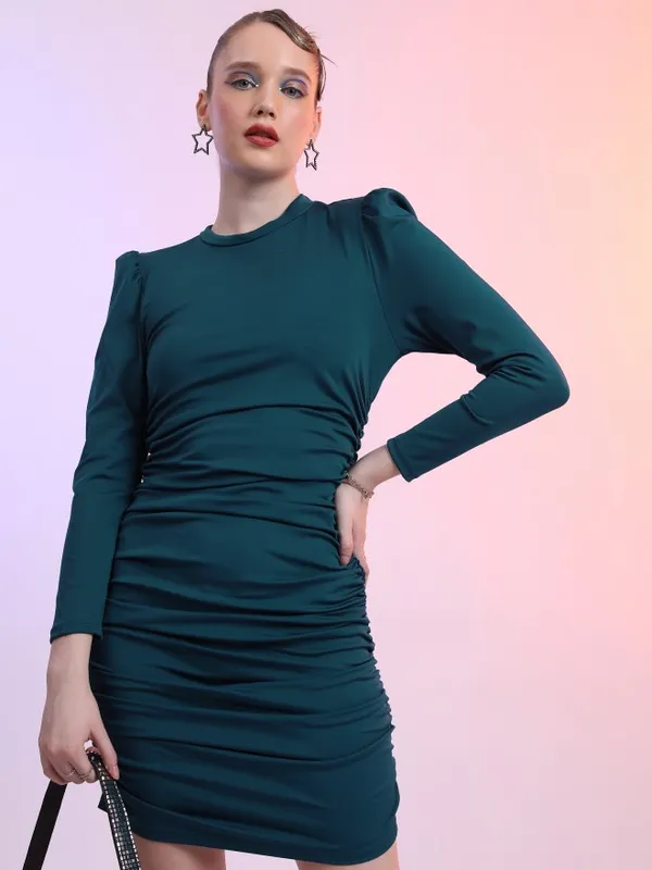 Tokyo Talkies Women Teal Solid Bodycon Dress