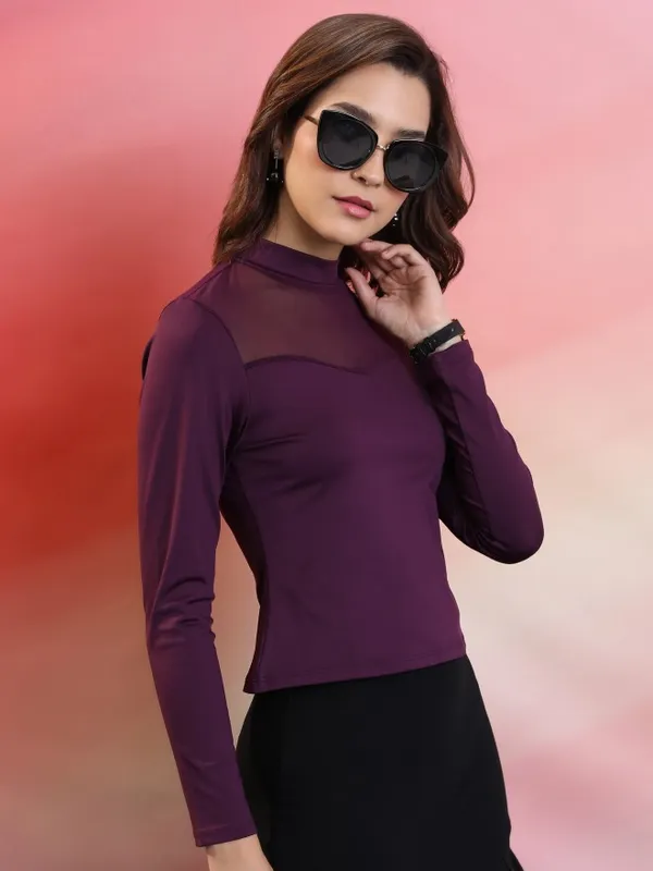  Tokyo Talkies Women Purple Solid Fitted Tops