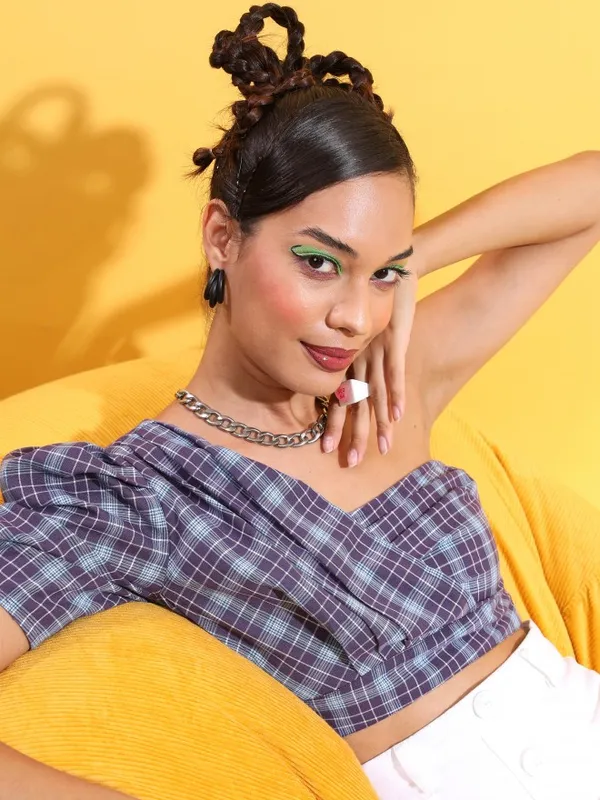 Tokyo Talkies Women Navy Blue Checked Fitted Top