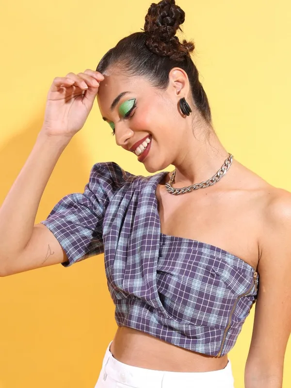 Tokyo Talkies Women Navy Blue Checked Fitted Top