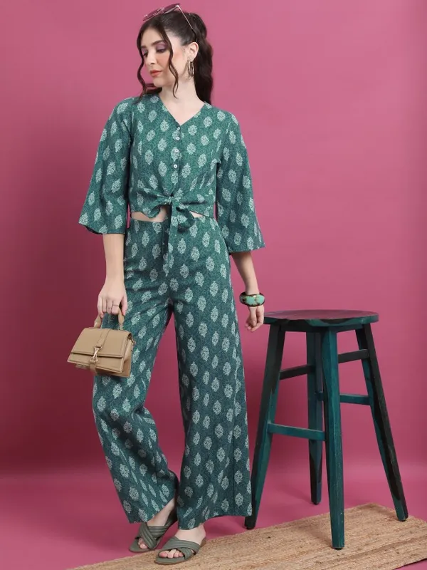 Vishudh Women Teal Printed Top With Palazzo