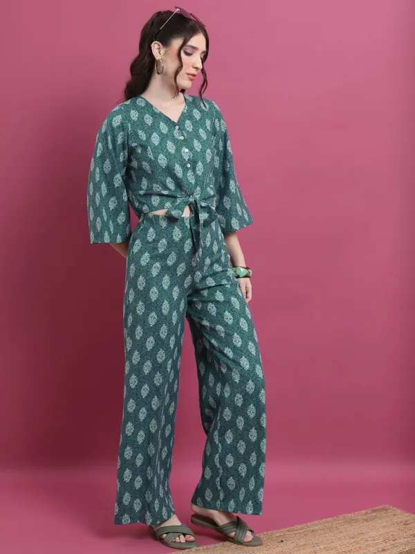 Vishudh Women Teal Printed Top With Palazzo