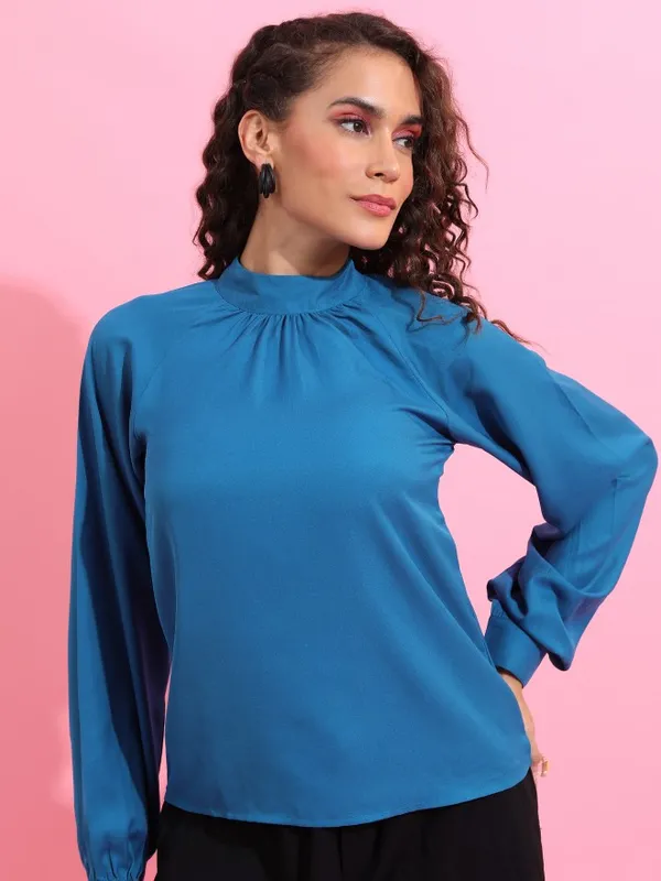  Ketch Women Blue Solid Regular Tops