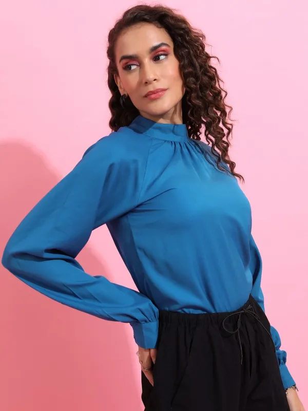  Ketch Women Blue Solid Regular Tops