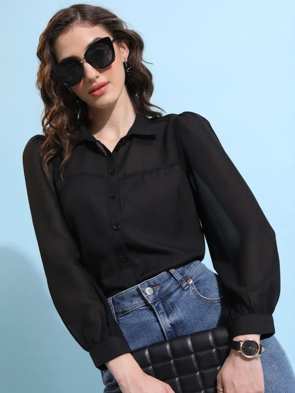  Tokyo Talkies Women Black Solid Casual Shirts