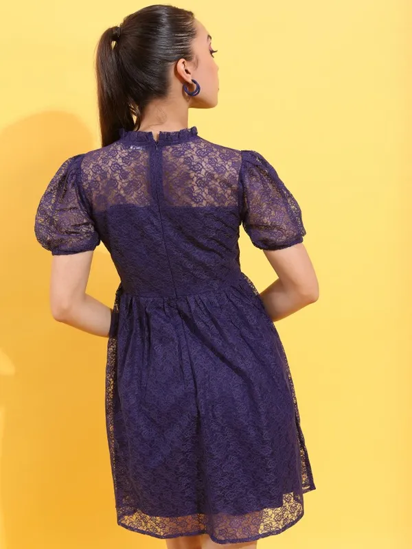  Ketch Women Navy Blue Self Design Fit And Flare Dresses